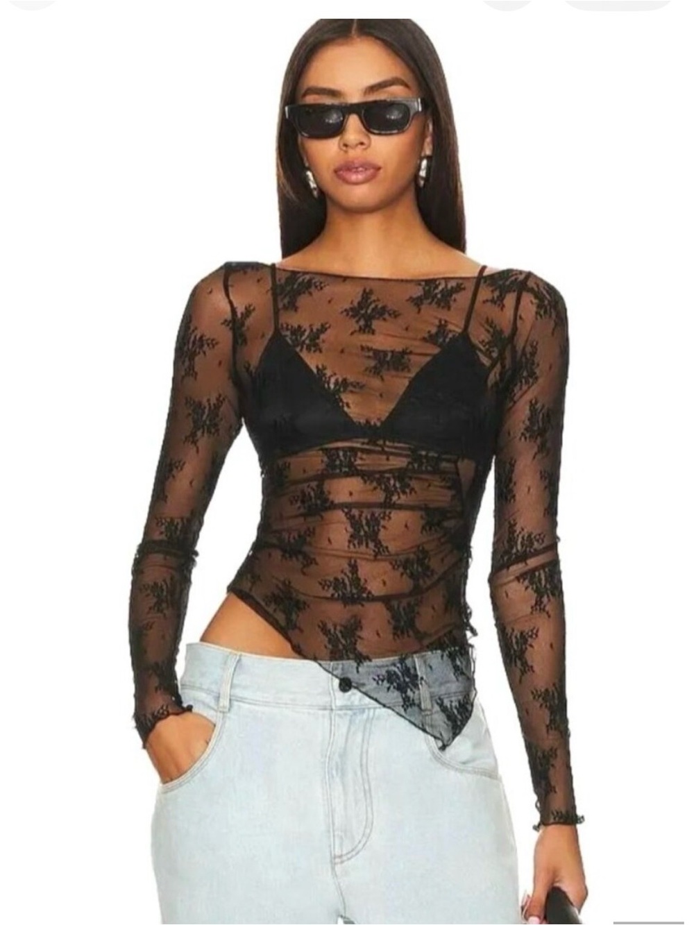 Free People Full Bloom Black Sheer Floral Lace Long Sleeve Top